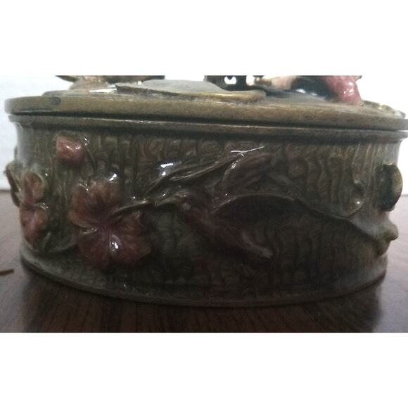 Green Hummingbird Mirrored Jewelry Box With Pink Flowers - Picture 4 of 7